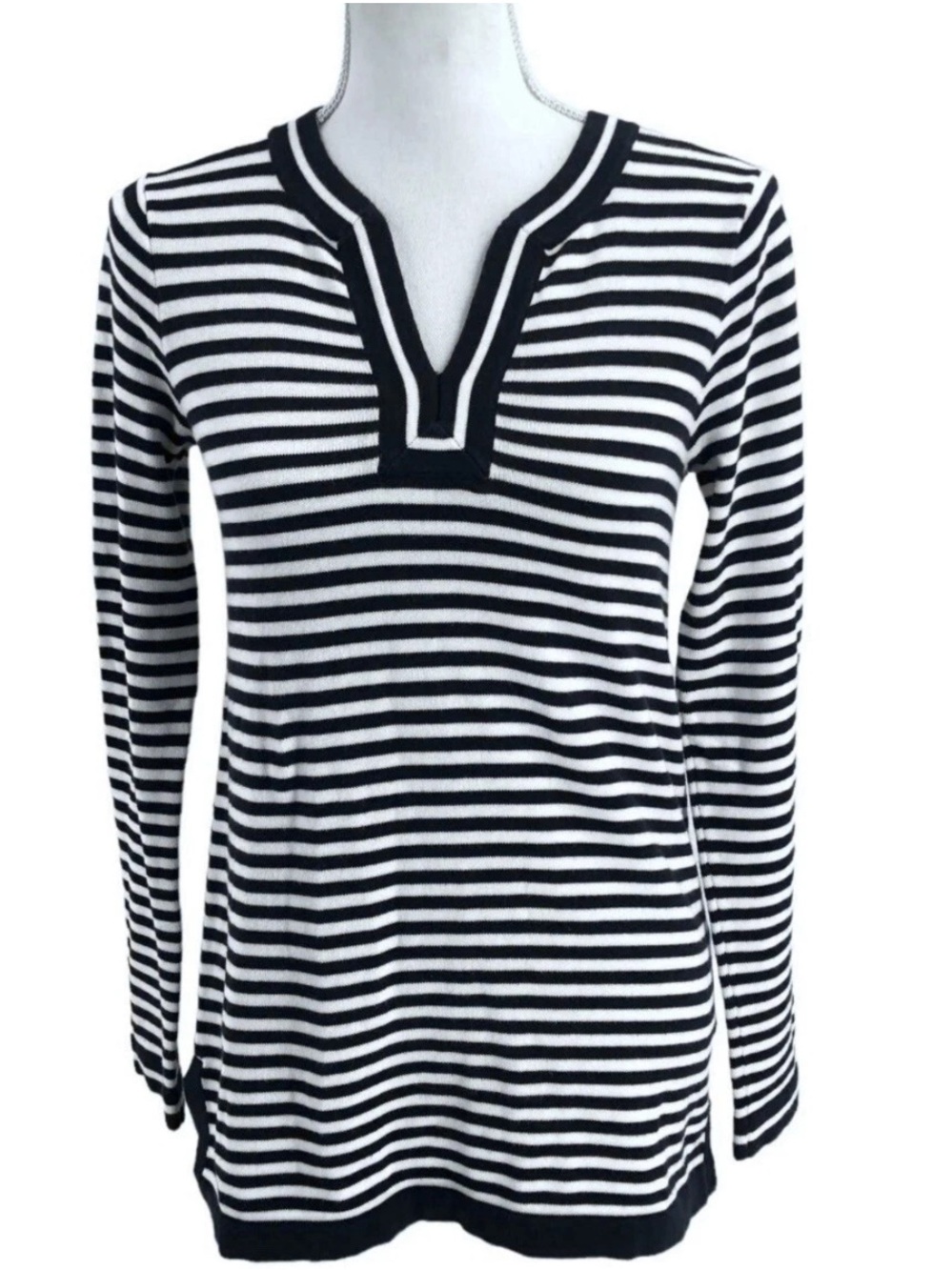 Lands' End Black & White Striped Long Sleeve Split Neck Cotton Sweater 3x